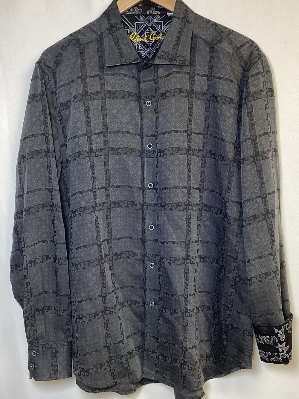 Men’s ROBERT GRAHAM Cotton/Linen Button Up Shirt Gray/Black Size XL
